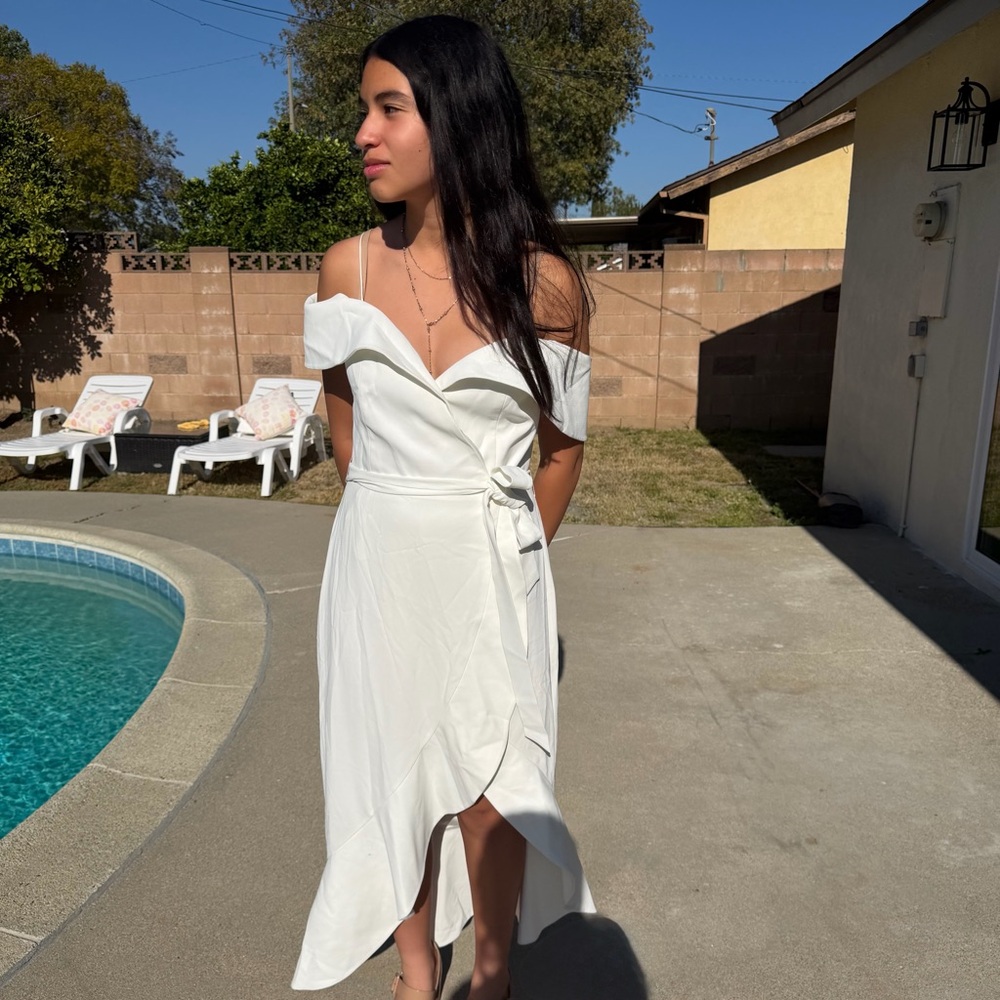 Alice + Olivia White Shoulder Wrap Midi Dress